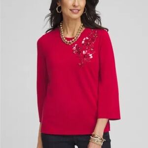 Chico's Womens Red Allure Floral Embellished Ponte Top Blouse sz 3X Cottagecore